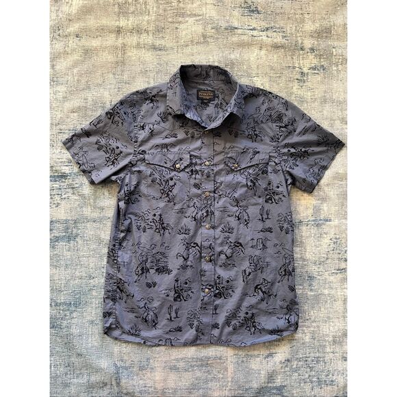 Pendleton Blue Laramie Cowboy Print Short Sleeve Snap Front Shirt Men's Medium - Picture 1 of 5